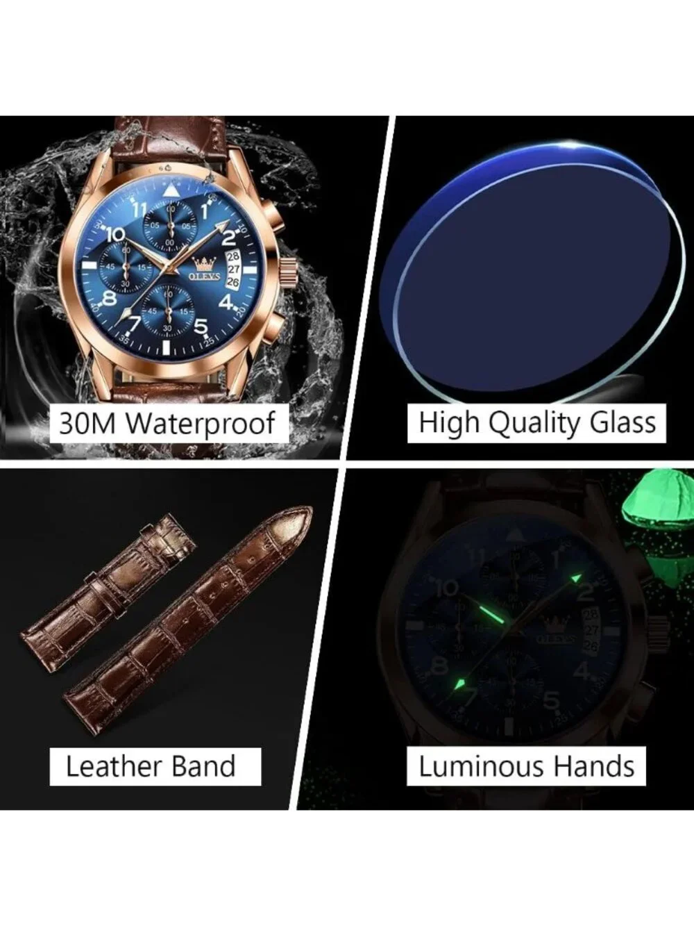 Men's Gold Blue Leather Chronograph Watch Big Face Waterproof Luminous Watch